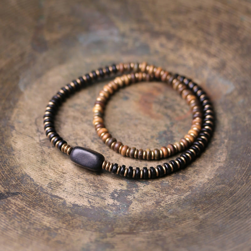 Wear FengShui Ebony Wood Green Sandalwood Copper Brass Calm Double Wrap Bracelet
