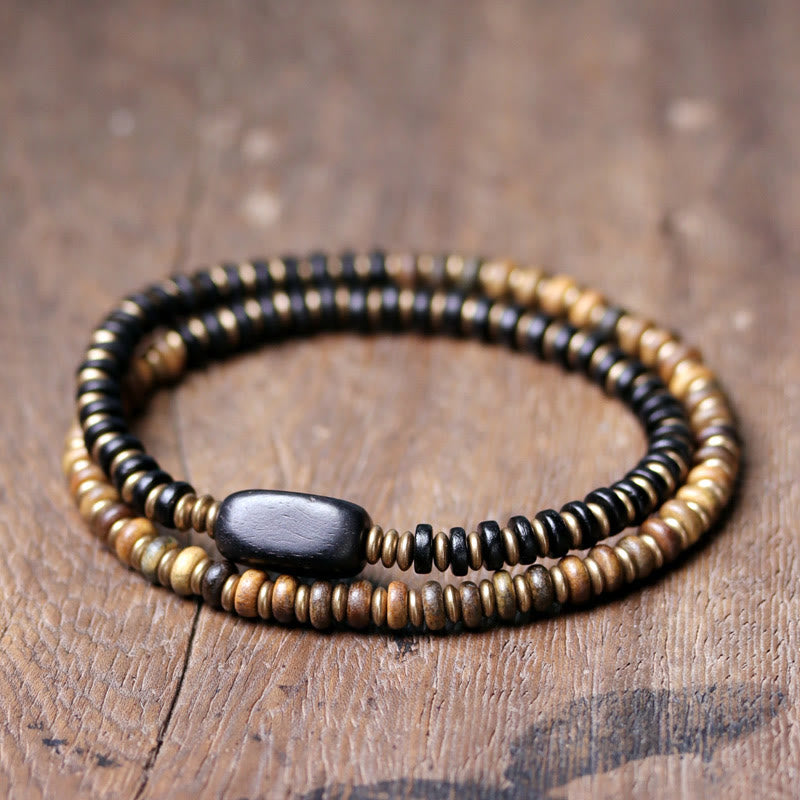 Wear FengShui Ebony Wood Green Sandalwood Copper Brass Calm Double Wrap Bracelet