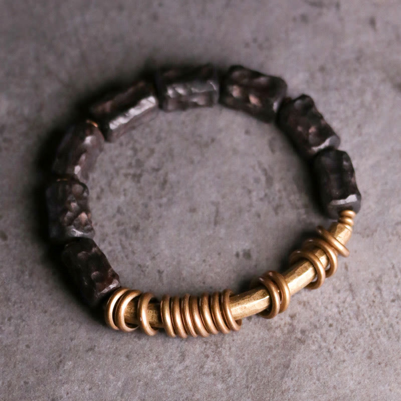 Wear FengShui Ebony Wood Copper Brass Circular Ring Peace Bracelet