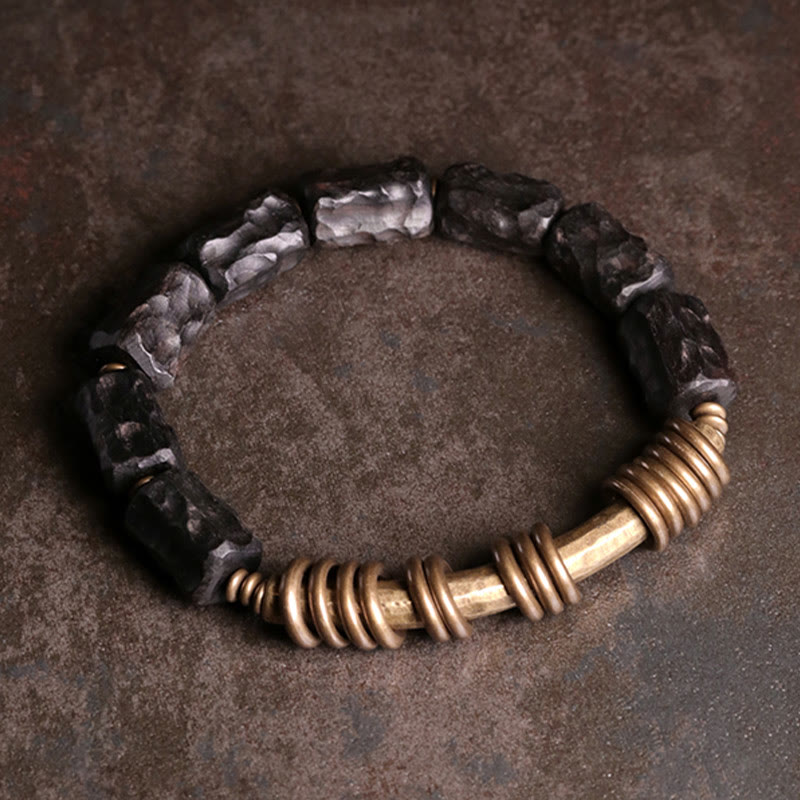 Wear FengShui Ebony Wood Copper Brass Circular Ring Peace Bracelet