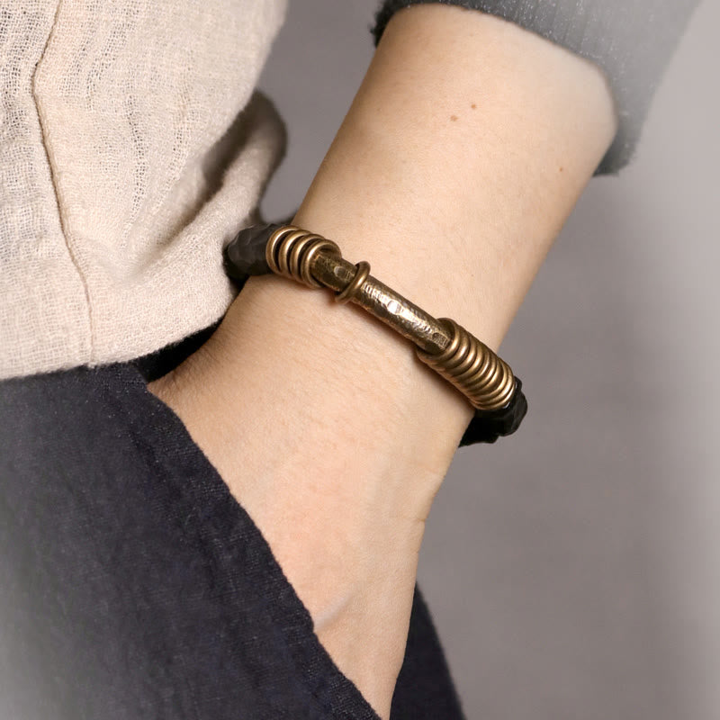 Wear FengShui Ebony Wood Copper Brass Circular Ring Peace Bracelet