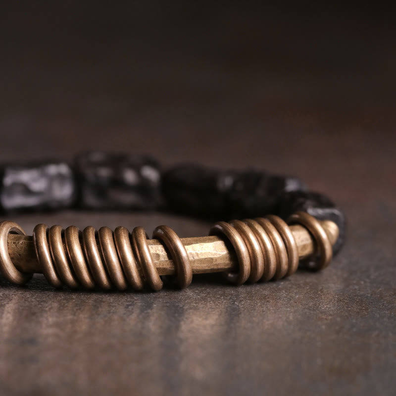 Wear FengShui Ebony Wood Copper Brass Circular Ring Peace Bracelet