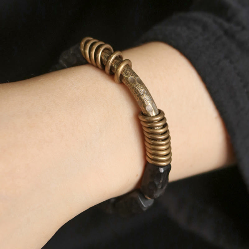 Wear FengShui Ebony Wood Copper Brass Circular Ring Peace Bracelet