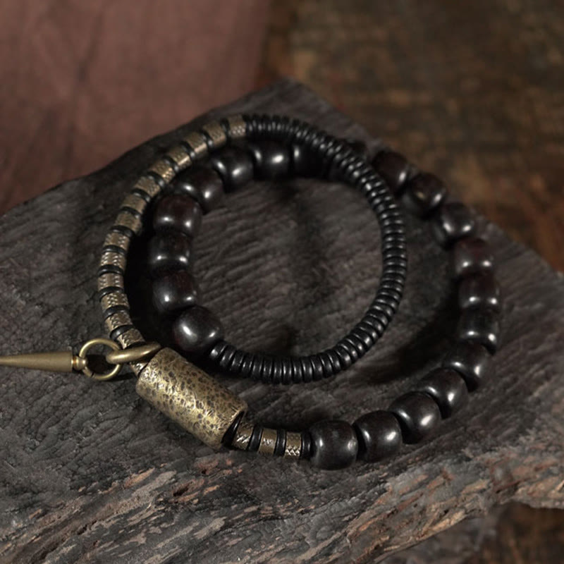 Wear FengShui Ebony Wood Copper Brass Vintage Bead Cone Double Wrap Balance Bracelet