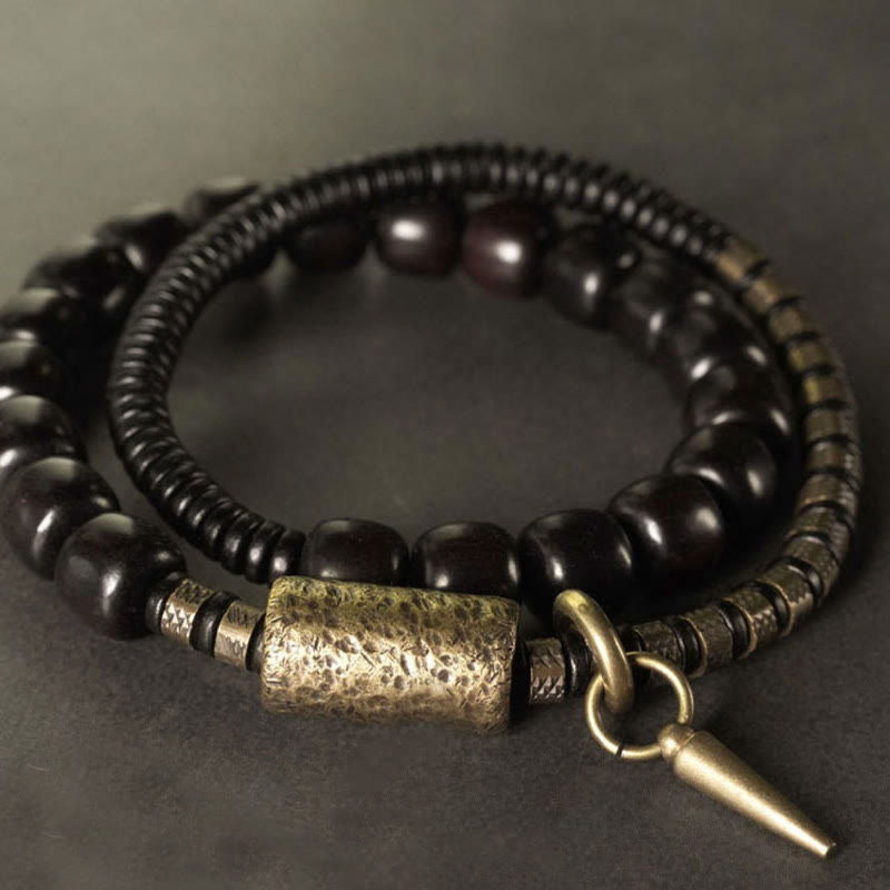 Wear FengShui Ebony Wood Copper Brass Vintage Bead Cone Double Wrap Balance Bracelet