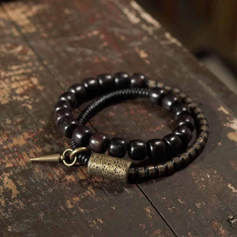 Wear FengShui Ebony Wood Copper Brass Vintage Bead Cone Double Wrap Balance Bracelet
