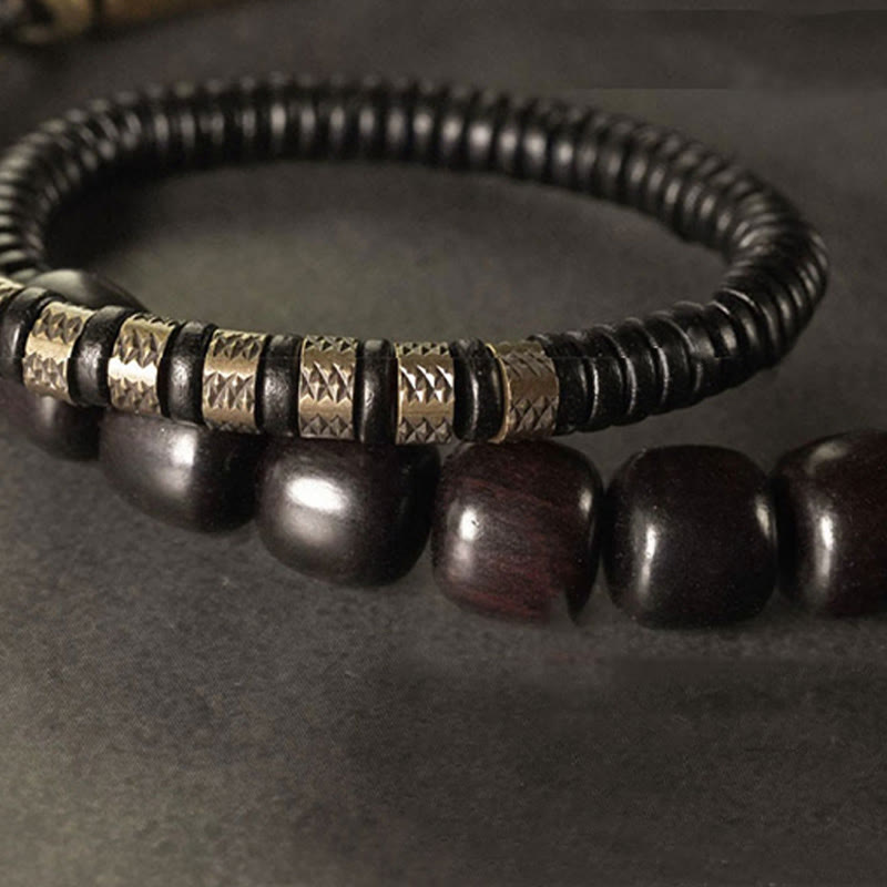 Wear FengShui Ebony Wood Copper Brass Vintage Bead Cone Double Wrap Balance Bracelet