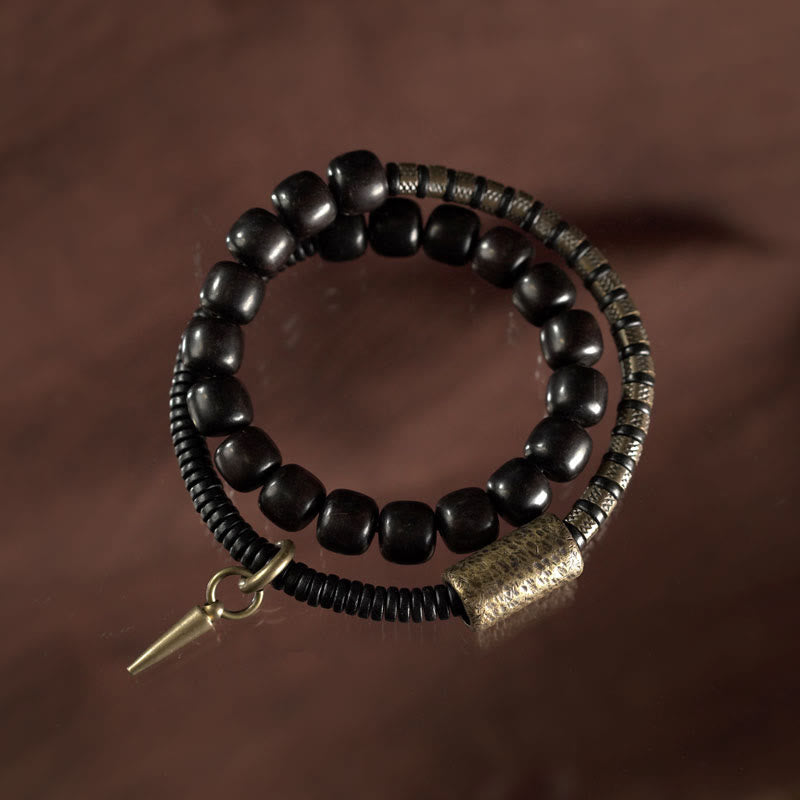 Wear FengShui Ebony Wood Copper Brass Vintage Bead Cone Double Wrap Balance Bracelet