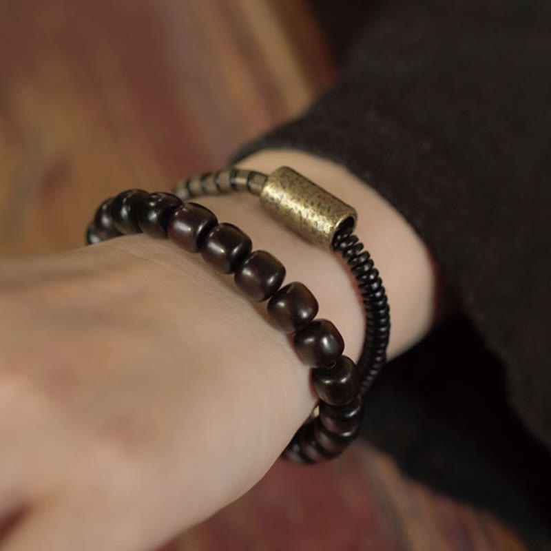 Wear FengShui Ebony Wood Copper Brass Vintage Bead Cone Double Wrap Balance Bracelet