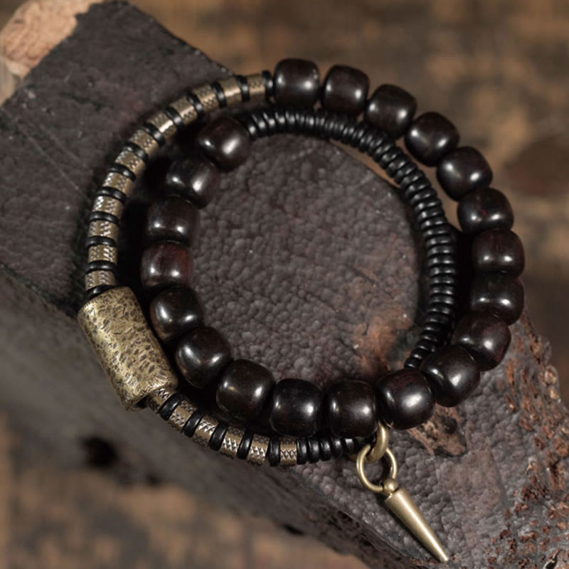 Wear FengShui Ebony Wood Copper Brass Vintage Bead Cone Double Wrap Balance Bracelet