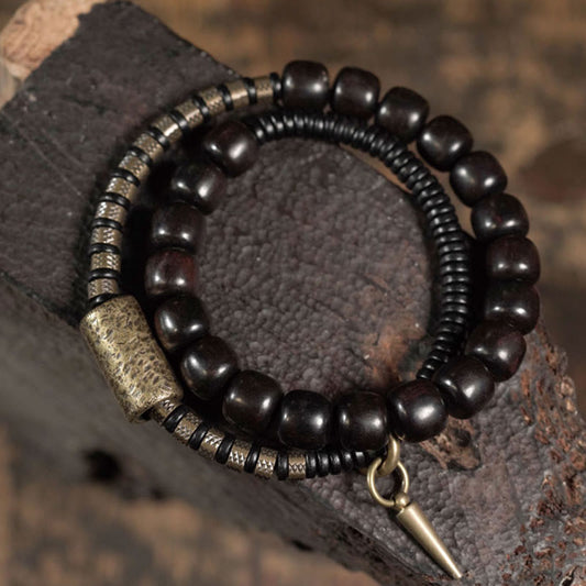Wear FengShui Ebony Wood Copper Brass Vintage Bead Cone Double Wrap Balance Bracelet