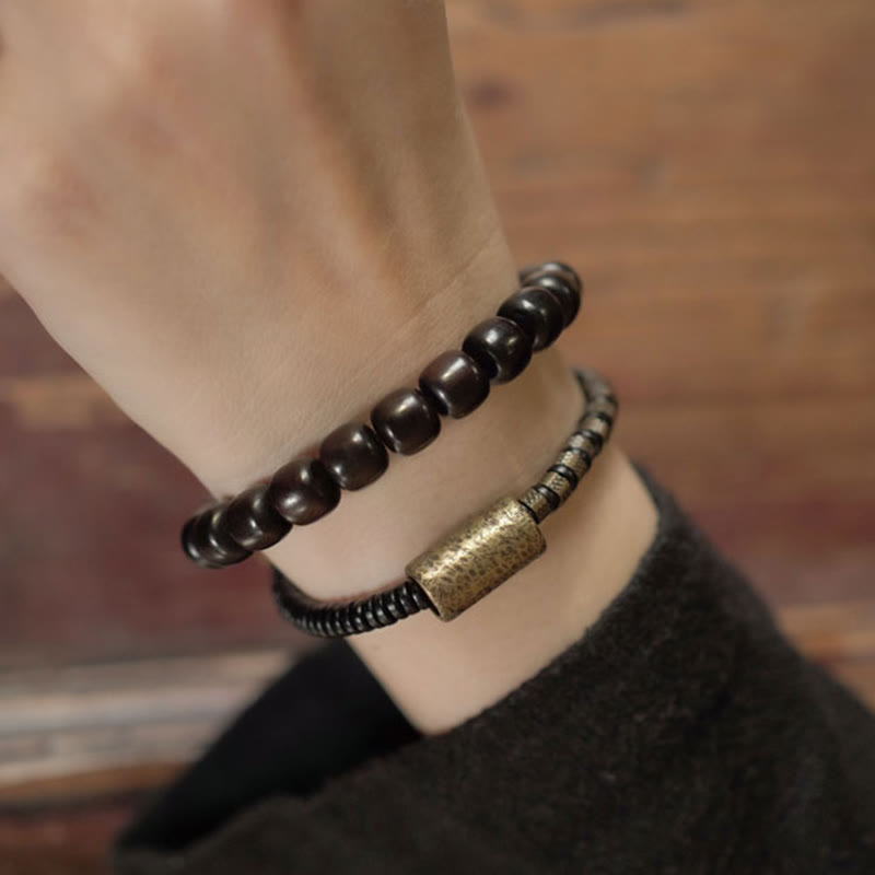 Wear FengShui Ebony Wood Copper Brass Vintage Bead Cone Double Wrap Balance Bracelet