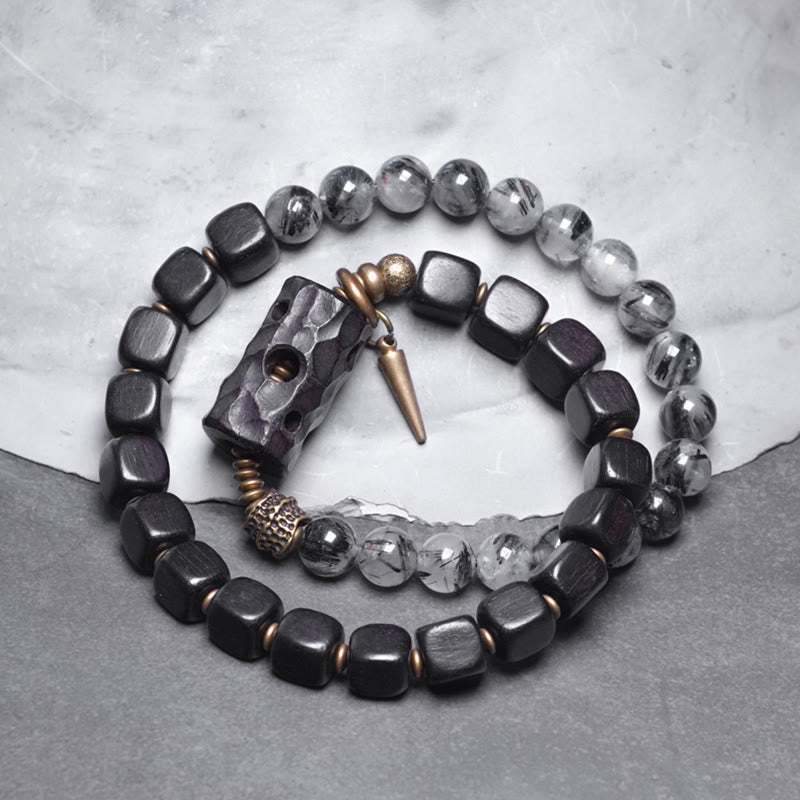 Wear FengShui Ebony Wood Black Rutilated Quartz Copper Brass Double Wrap Balance Bracelet