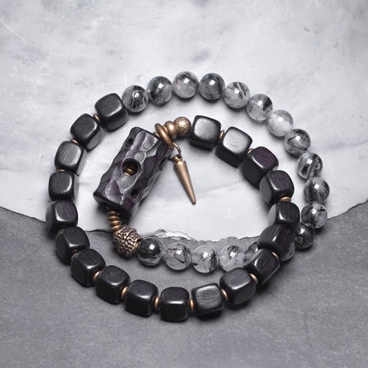 Wear FengShui Ebony Wood Black Rutilated Quartz Copper Brass Double Wrap Balance Bracelet