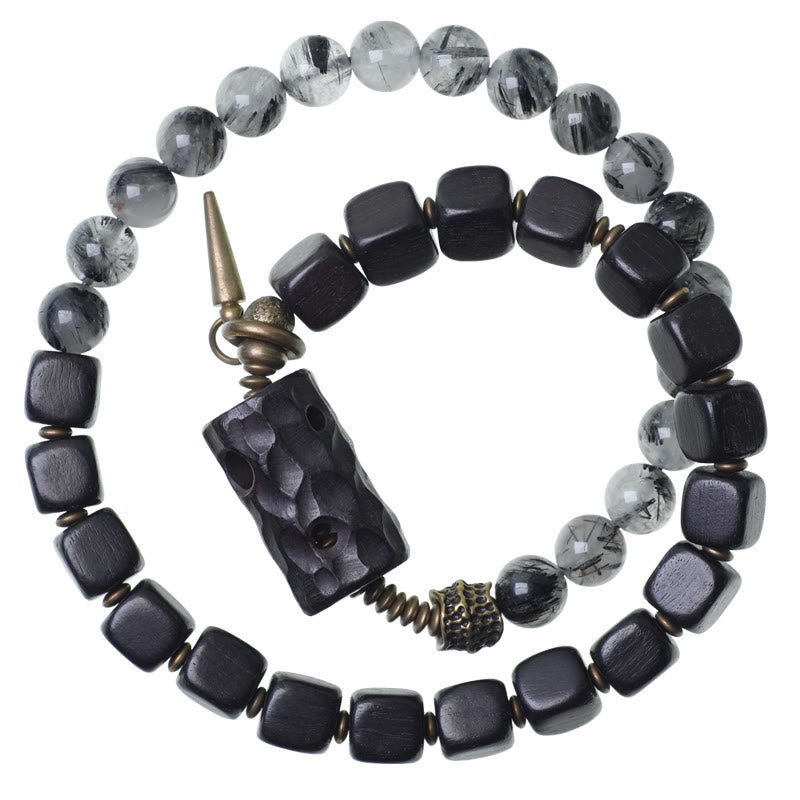 Wear FengShui Ebony Wood Black Rutilated Quartz Copper Brass Double Wrap Balance Bracelet