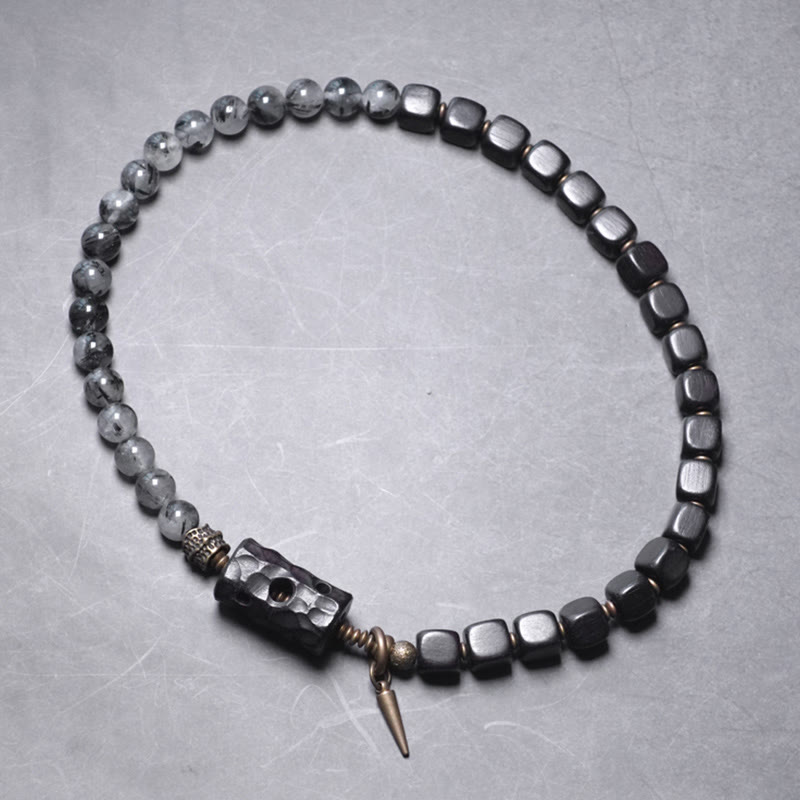 Wear FengShui Ebony Wood Black Rutilated Quartz Copper Brass Double Wrap Balance Bracelet