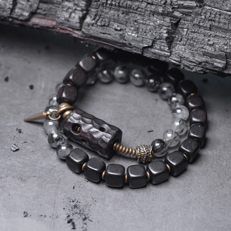 Wear FengShui Ebony Wood Black Rutilated Quartz Copper Brass Double Wrap Balance Bracelet