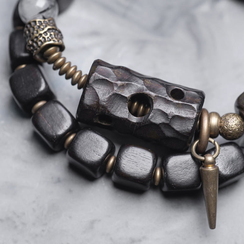 Wear FengShui Ebony Wood Black Rutilated Quartz Copper Brass Double Wrap Balance Bracelet