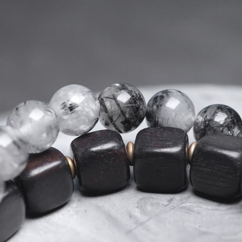 Wear FengShui Ebony Wood Black Rutilated Quartz Copper Brass Double Wrap Balance Bracelet