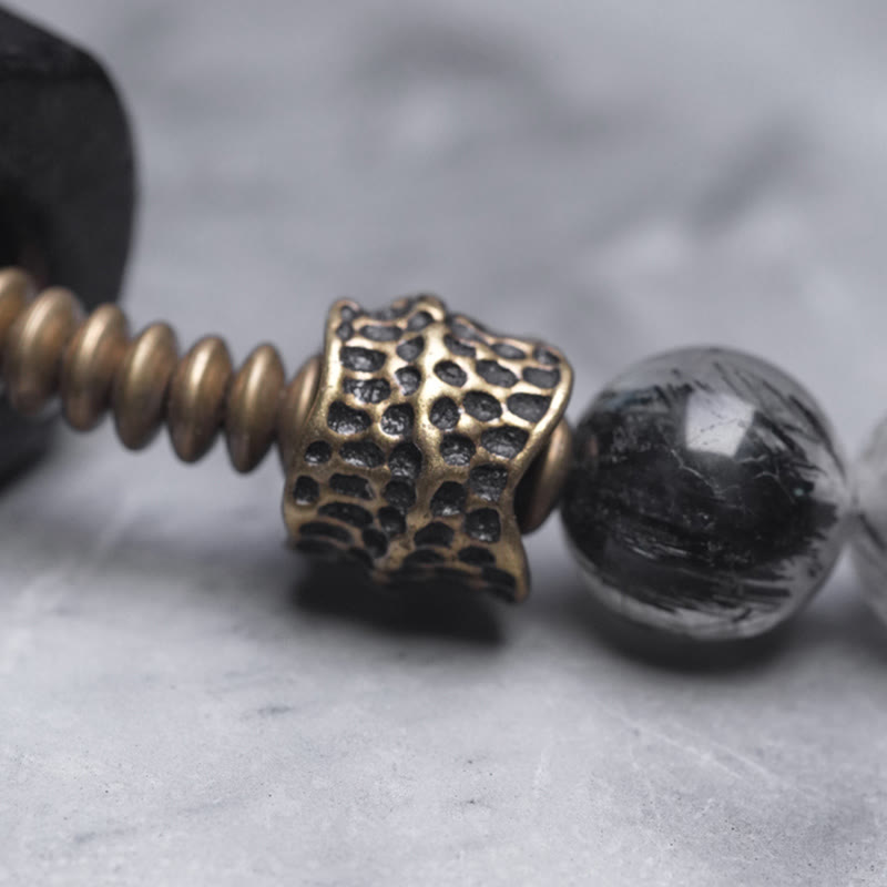 Wear FengShui Ebony Wood Black Rutilated Quartz Copper Brass Double Wrap Balance Bracelet