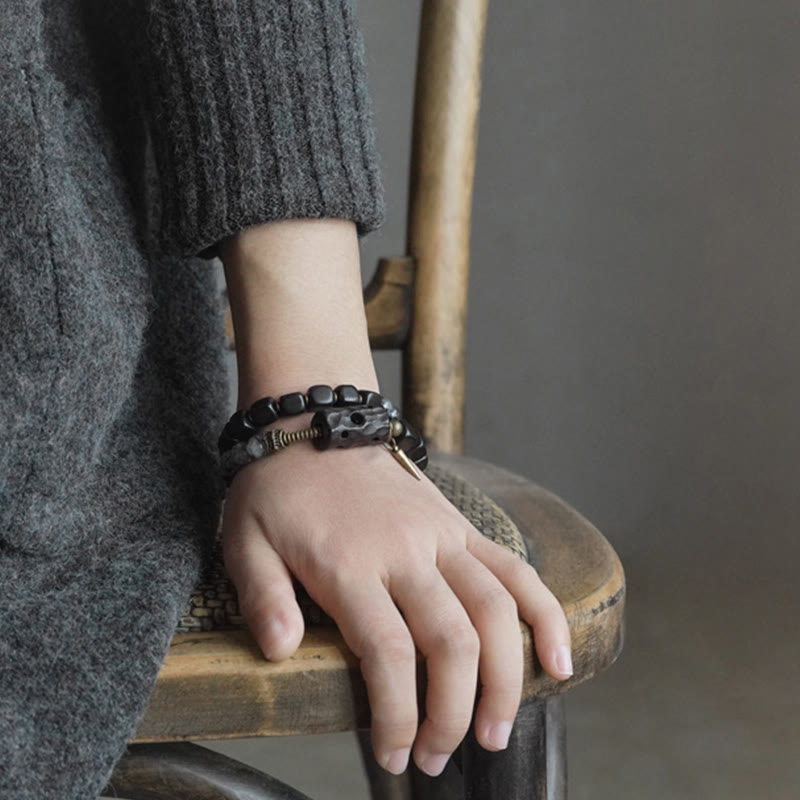 Wear FengShui Ebony Wood Black Rutilated Quartz Copper Brass Double Wrap Balance Bracelet