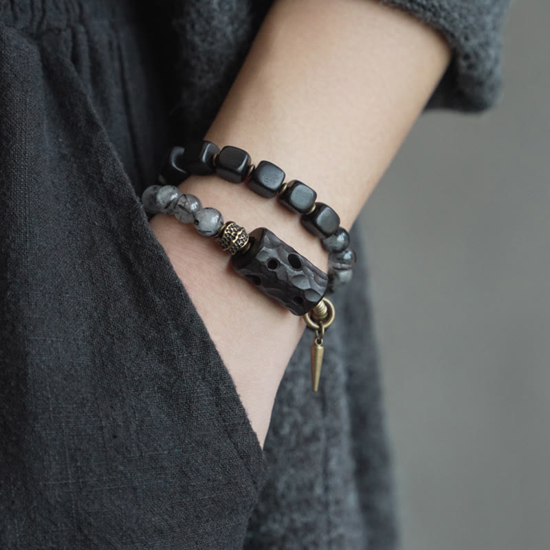 Wear FengShui Ebony Wood Black Rutilated Quartz Copper Brass Double Wrap Balance Bracelet