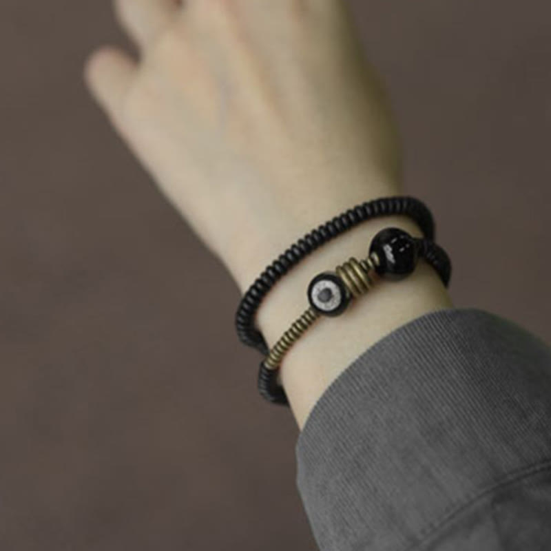 Wear FengShui Ebony Wood Green Sandalwood Copper Brass Dzi Bead Black Onyx Calm Double Wrap Bracelet