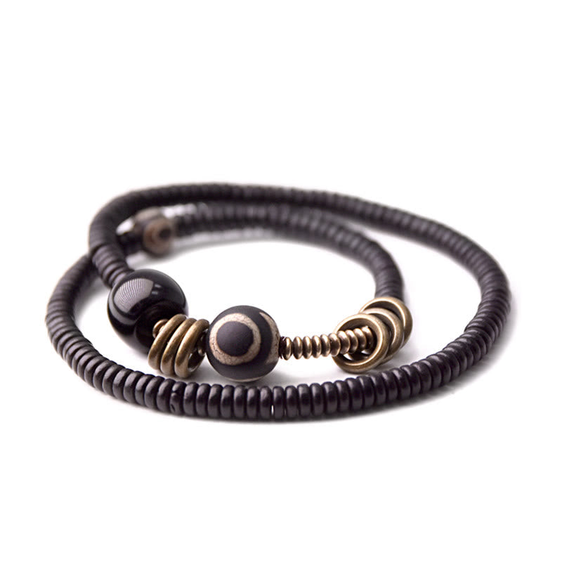 Wear FengShui Ebony Wood Green Sandalwood Copper Brass Dzi Bead Black Onyx Calm Double Wrap Bracelet