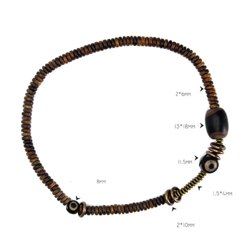 Wear FengShui Ebony Wood Green Sandalwood Copper Brass Dzi Bead Black Onyx Calm Double Wrap Bracelet