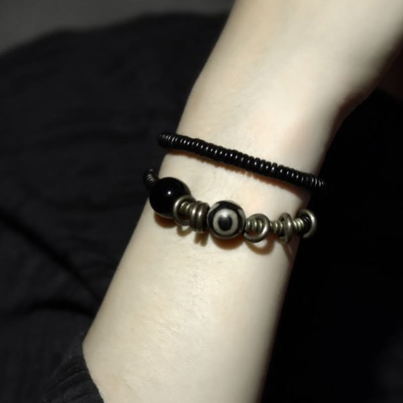 Wear FengShui Ebony Wood Green Sandalwood Copper Brass Dzi Bead Black Onyx Calm Double Wrap Bracelet