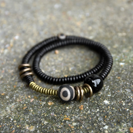 Wear FengShui Ebony Wood Green Sandalwood Copper Brass Dzi Bead Black Onyx Calm Double Wrap Bracelet