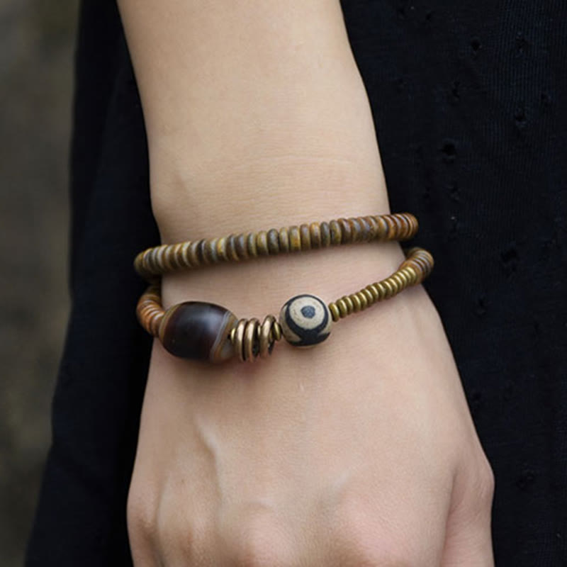 Wear FengShui Ebony Wood Green Sandalwood Copper Brass Dzi Bead Black Onyx Calm Double Wrap Bracelet