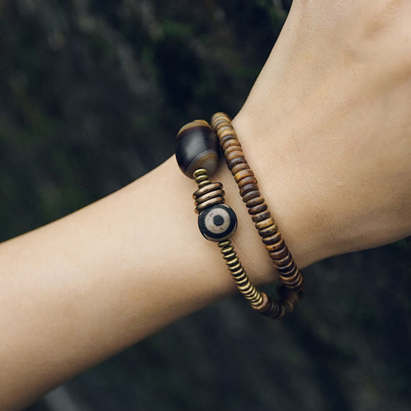 Wear FengShui Ebony Wood Green Sandalwood Copper Brass Dzi Bead Black Onyx Calm Double Wrap Bracelet