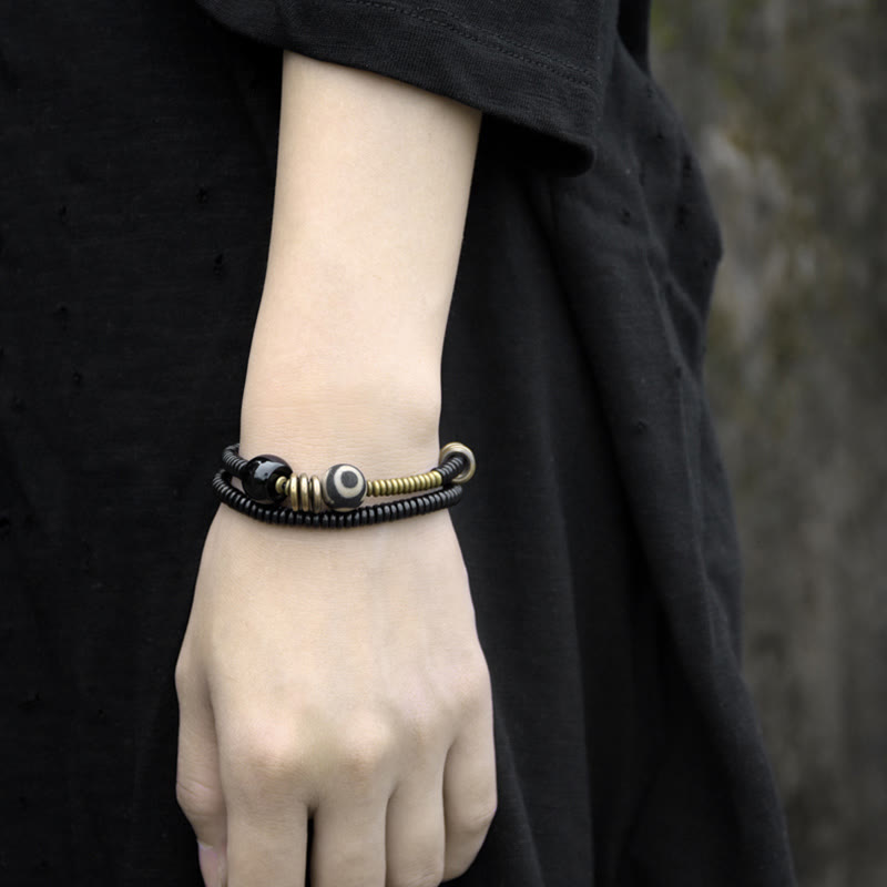 Wear FengShui Ebony Wood Green Sandalwood Copper Brass Dzi Bead Black Onyx Calm Double Wrap Bracelet