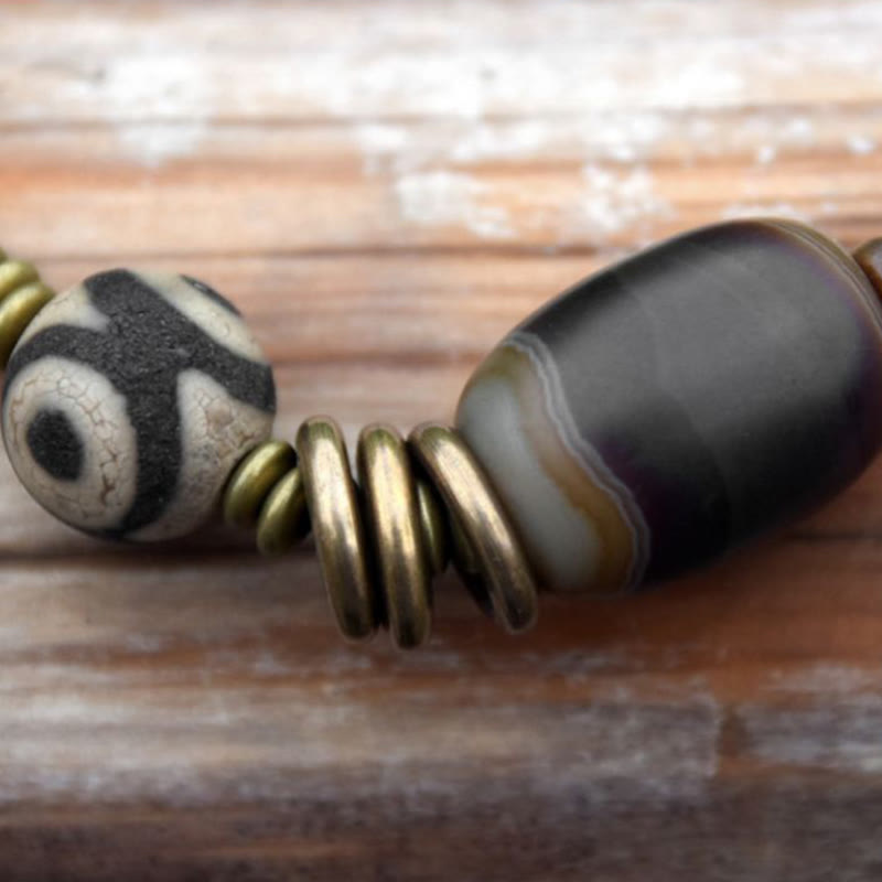 Wear FengShui Ebony Wood Green Sandalwood Copper Brass Dzi Bead Black Onyx Calm Double Wrap Bracelet