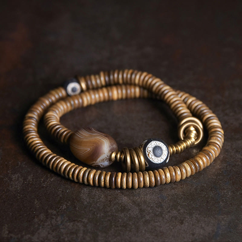 Wear FengShui Ebony Wood Green Sandalwood Copper Brass Dzi Bead Black Onyx Calm Double Wrap Bracelet