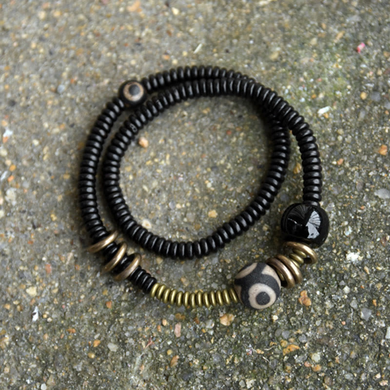 Wear FengShui Ebony Wood Green Sandalwood Copper Brass Dzi Bead Black Onyx Calm Double Wrap Bracelet