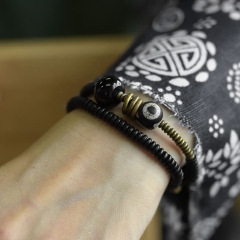 Wear FengShui Ebony Wood Green Sandalwood Copper Brass Dzi Bead Black Onyx Calm Double Wrap Bracelet