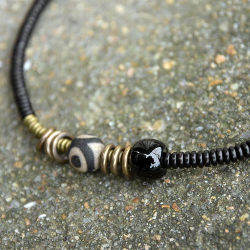 Wear FengShui Ebony Wood Green Sandalwood Copper Brass Dzi Bead Black Onyx Calm Double Wrap Bracelet