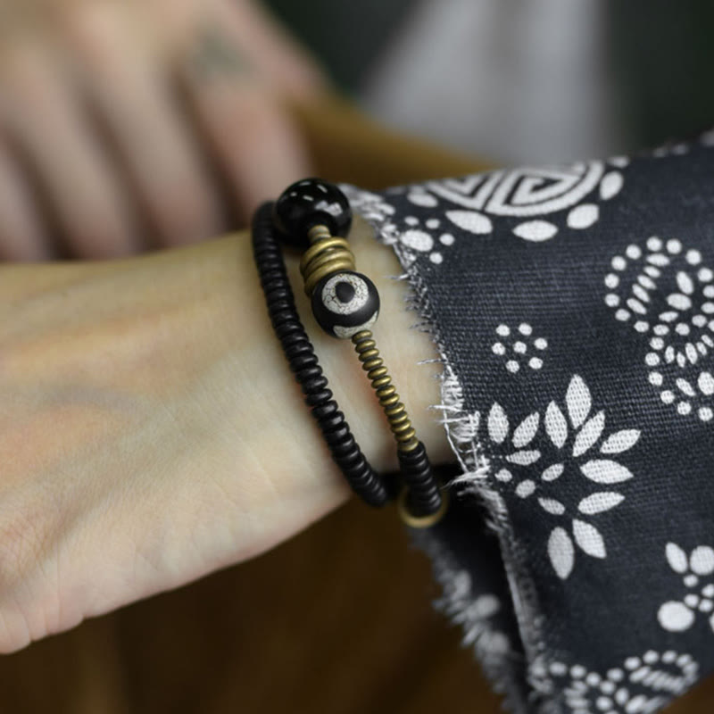 Wear FengShui Ebony Wood Green Sandalwood Copper Brass Dzi Bead Black Onyx Calm Double Wrap Bracelet