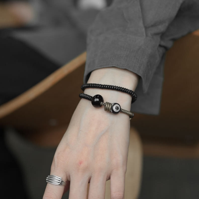 Wear FengShui Ebony Wood Green Sandalwood Copper Brass Dzi Bead Black Onyx Calm Double Wrap Bracelet