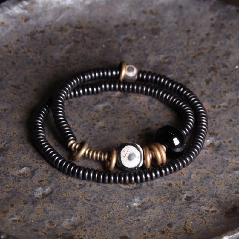 Wear FengShui Ebony Wood Green Sandalwood Copper Brass Dzi Bead Black Onyx Calm Double Wrap Bracelet