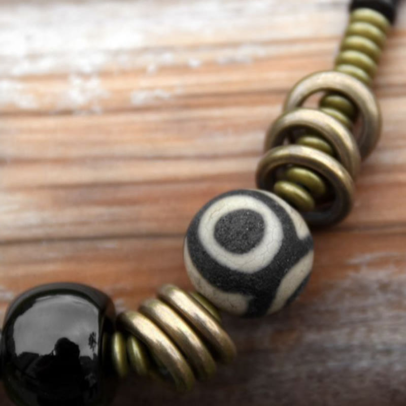 Wear FengShui Ebony Wood Green Sandalwood Copper Brass Dzi Bead Black Onyx Calm Double Wrap Bracelet