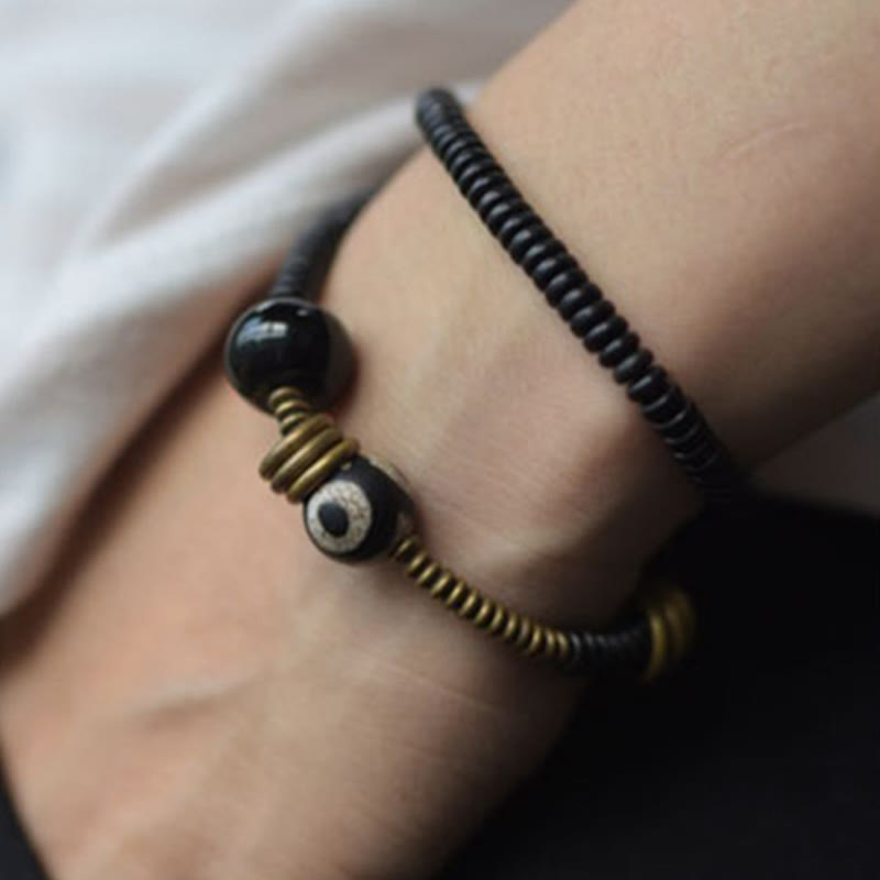 Wear FengShui Ebony Wood Green Sandalwood Copper Brass Dzi Bead Black Onyx Calm Double Wrap Bracelet