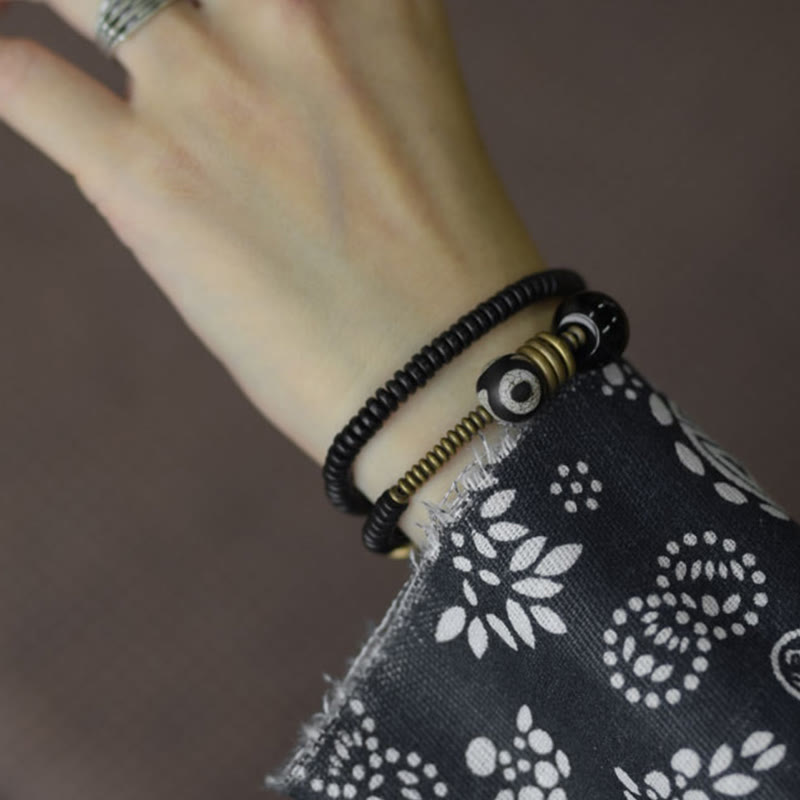 Wear FengShui Ebony Wood Green Sandalwood Copper Brass Dzi Bead Black Onyx Calm Double Wrap Bracelet
