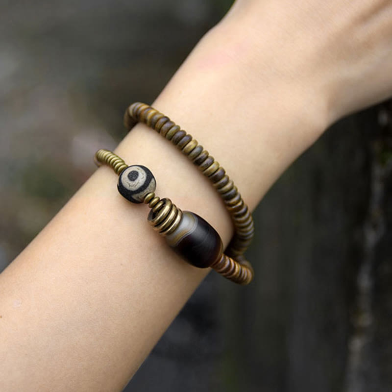 Wear FengShui Ebony Wood Green Sandalwood Copper Brass Dzi Bead Black Onyx Calm Double Wrap Bracelet