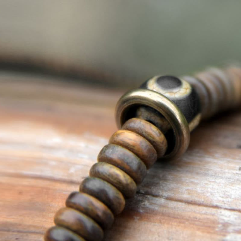 Wear FengShui Ebony Wood Green Sandalwood Copper Brass Dzi Bead Black Onyx Calm Double Wrap Bracelet