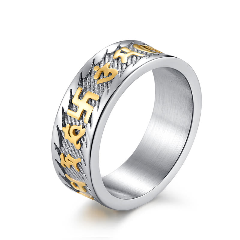 Wear FengShui Six True Words Om Mani Padme Hum Swastika Titanium Steel Peace Ring