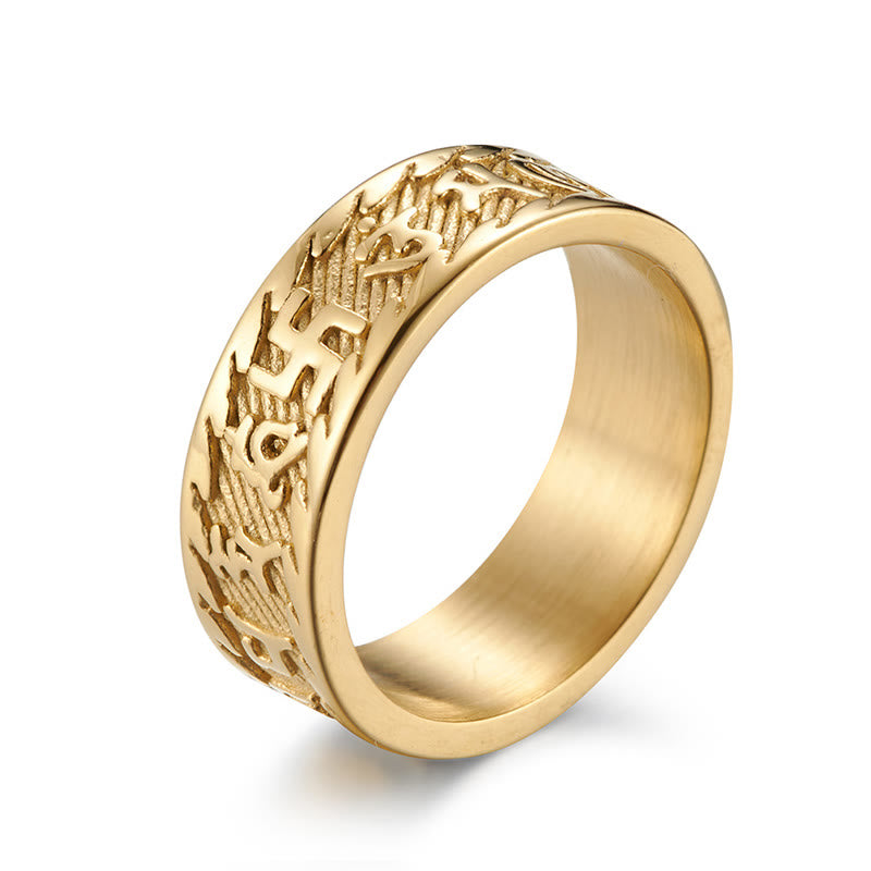 Wear FengShui Six True Words Om Mani Padme Hum Swastika Titanium Steel Peace Ring