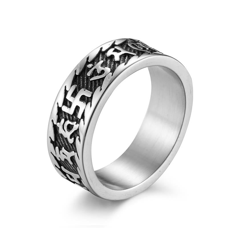Wear FengShui Six True Words Om Mani Padme Hum Swastika Titanium Steel Peace Ring